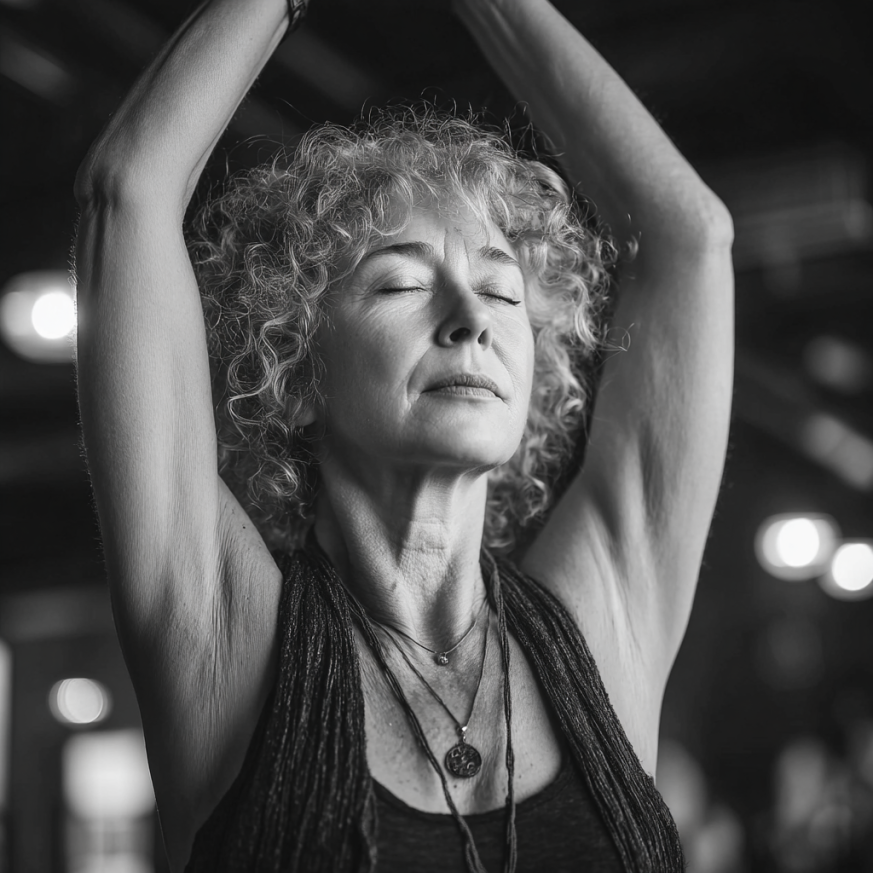 Katta yoshdagi ayol yoga bilan shug'ullanmoqda